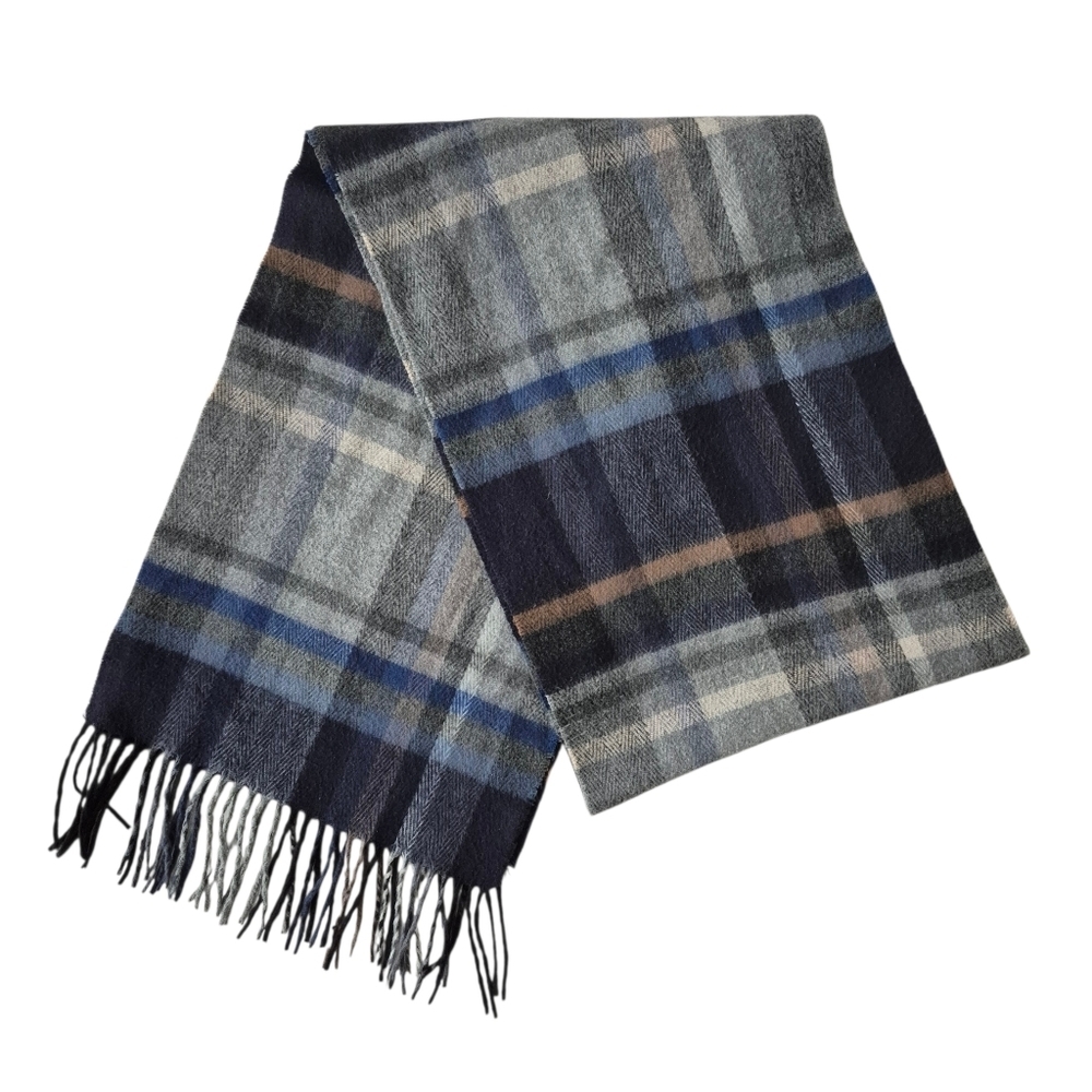 Vintage Danier Acrylic Plaid Muffler Scarf Gray Navy Brown Unisex
